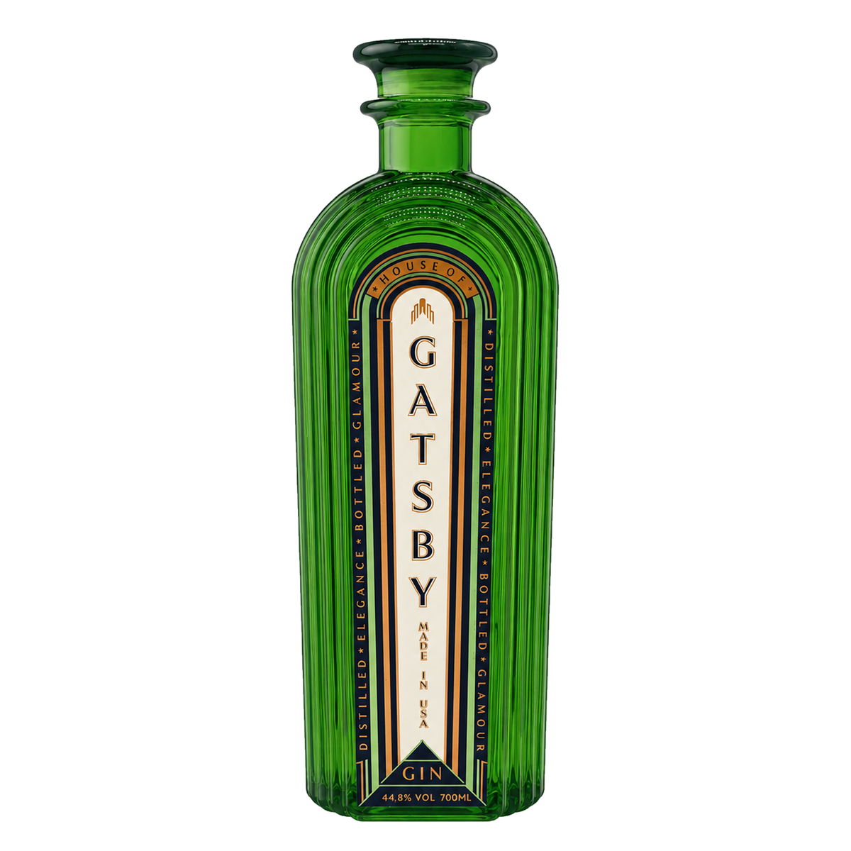 Gatsby Gin bottle — ultra-premium American craft gin in green glass with an Art Deco label