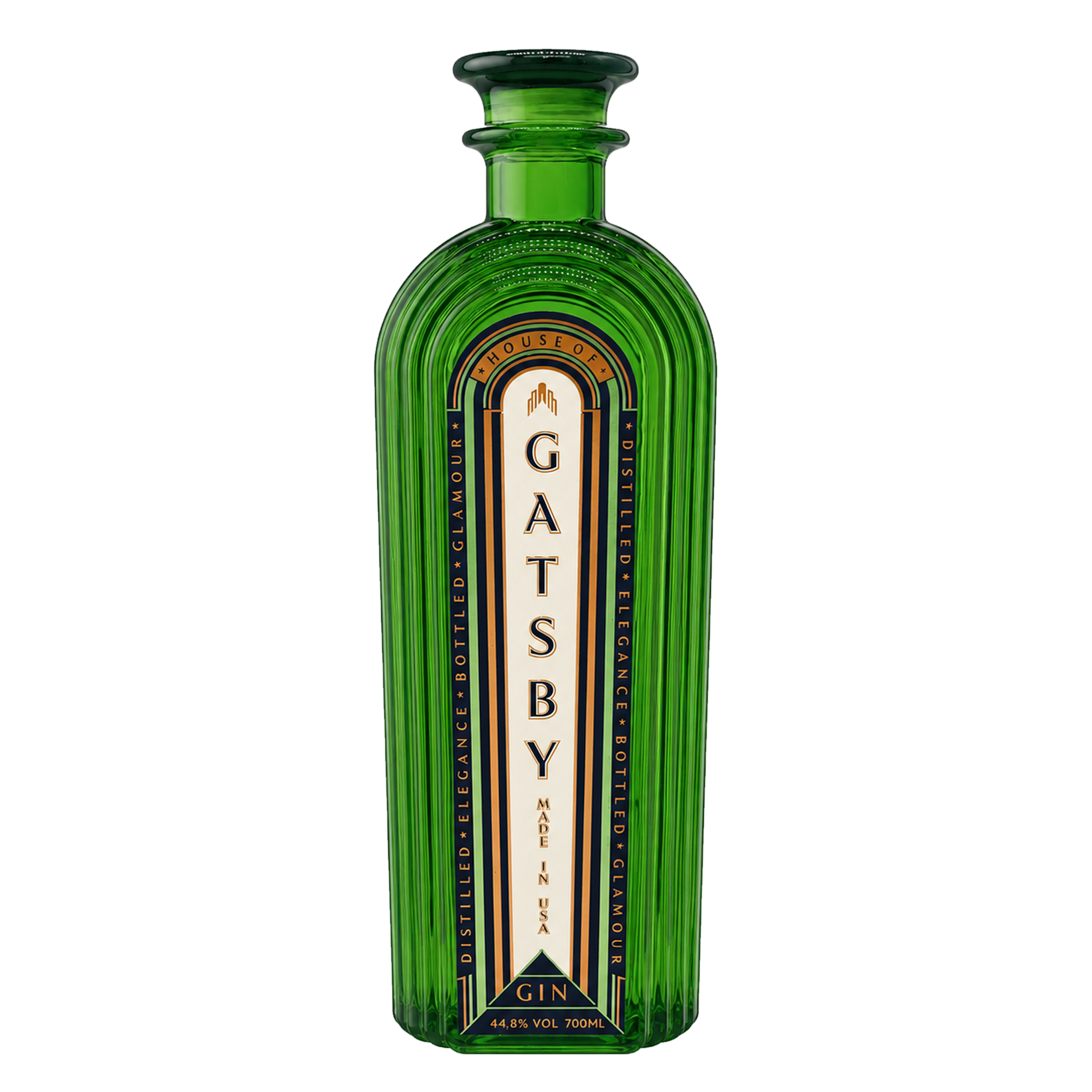 Gatsby Gin bottle — ultra-premium American craft gin in green glass with an Art Deco label